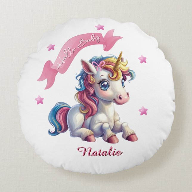 Hello Baby Unicorn Round Cushion (Front)