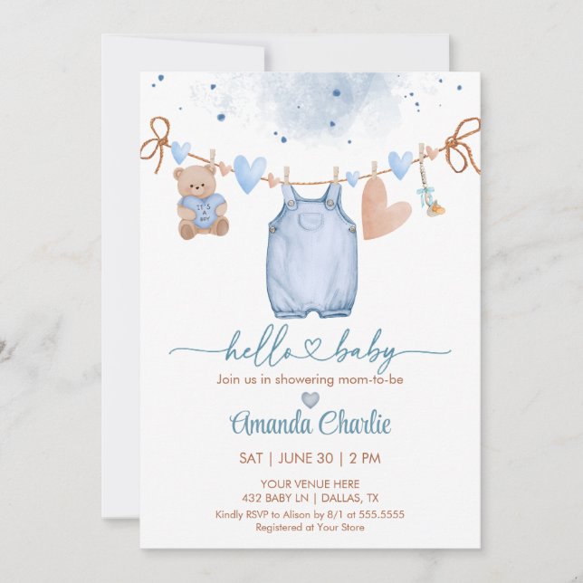 Hello Baby valentine's day Blue Boy  baby shower   Invitation (Front)