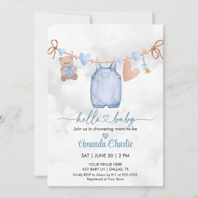 Hello Baby valentine's day Blue Boy baby shower  Invitation (Front)