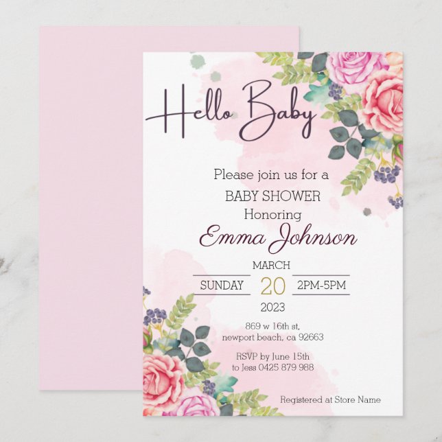 Hello Baby Watercolor Floral Baby Shower Invitation (Front/Back)