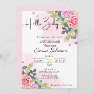 Hello Baby Watercolor Floral Baby Shower Invitation