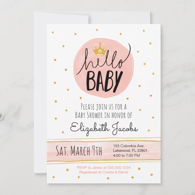 Hello Baby Watercolor Pink & Gold Baby Shower Invitation (Front)