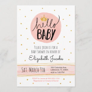 Hello Baby Watercolor Pink & Gold Baby Shower Invitation