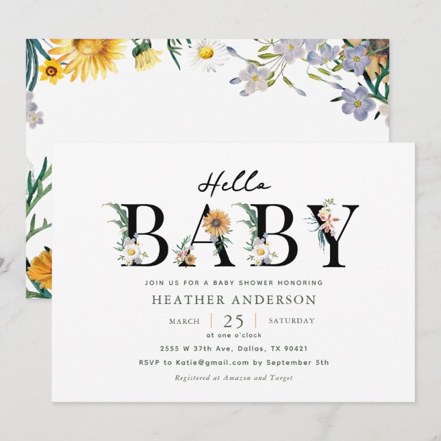 Hello Baby Wildflower Girl Baby Shower Invitation (Front/Back)
