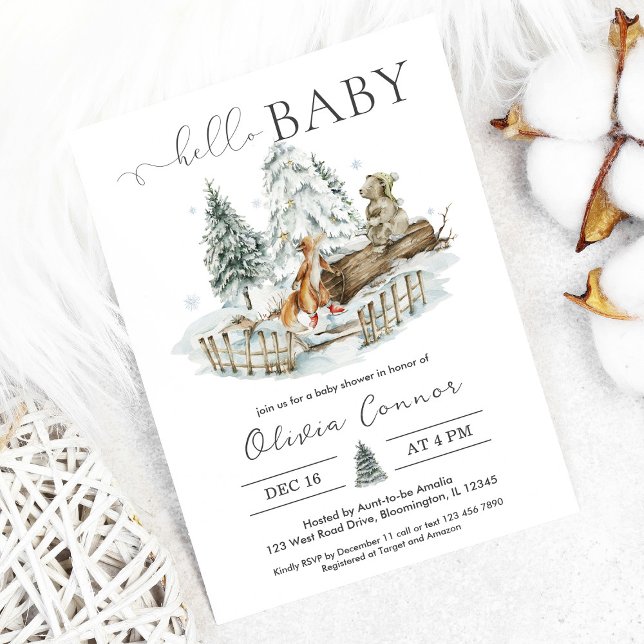 Hello Baby Winter Woodland Baby Shower  Invitation (Creator Uploaded)