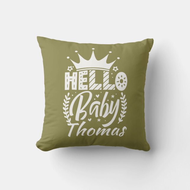 Hello Baby with Crown & Name Olive Green Cushion (Front)