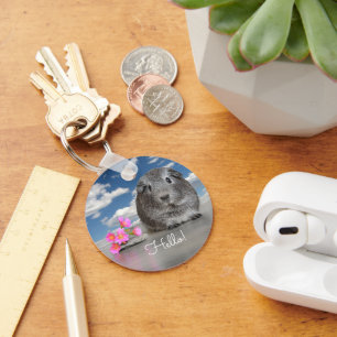 Hello Back To School Cute Grey Guinea Pig Custom Key Ring