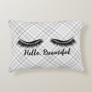 Hello Beautiful and Eyelashes on Plaid Decorative Cushion