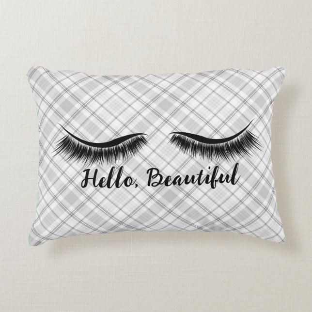 Hello Beautiful and Eyelashes on Plaid Decorative Cushion (Front)