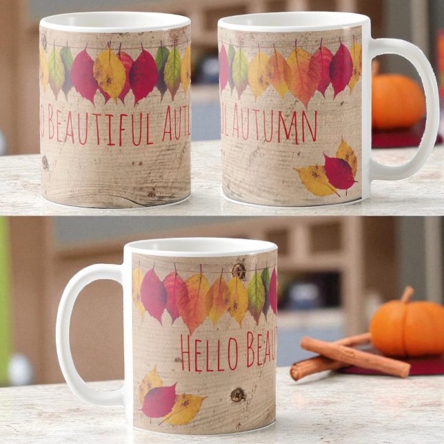 Hello Beautiful Colourful Autumn Leaves Border Coffee Mug (View around the entire template text ceramic mug)