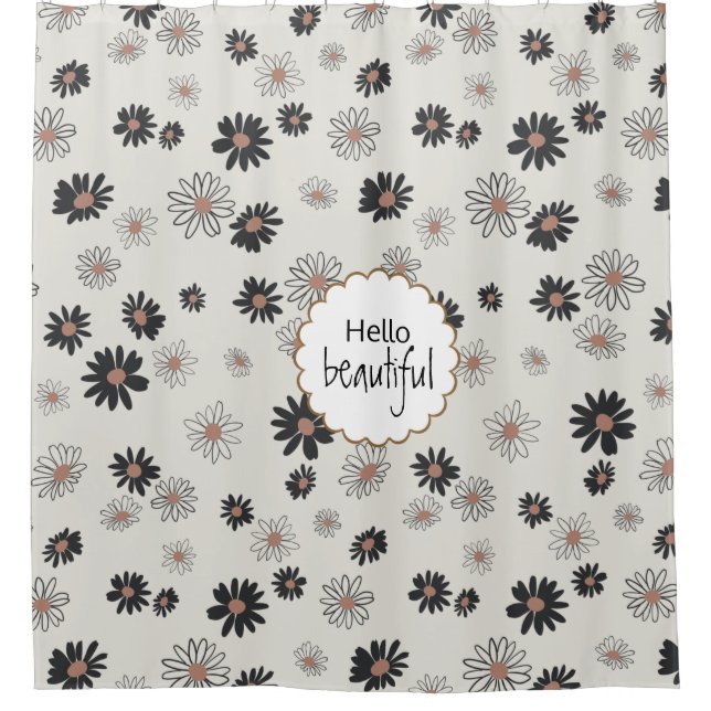 Hello Beautiful Daisies Black Pink Floral Pattern Shower Curtain (Front)