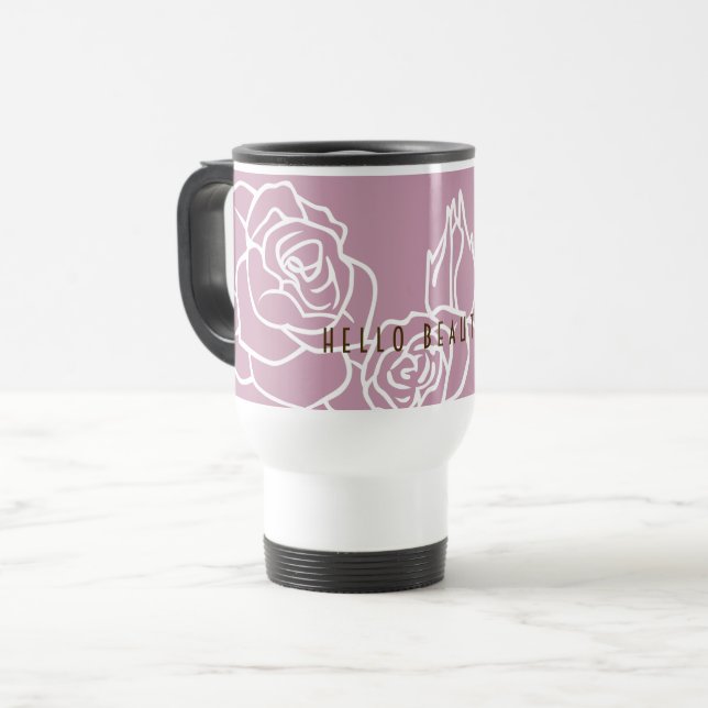 Hello Beautiful - Elegant Modern Pink Rose Travel Mug (Front Left)