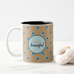 Hello Beautiful Floral Blue Pattern Sunflowers Two-Tone Coffee Mug