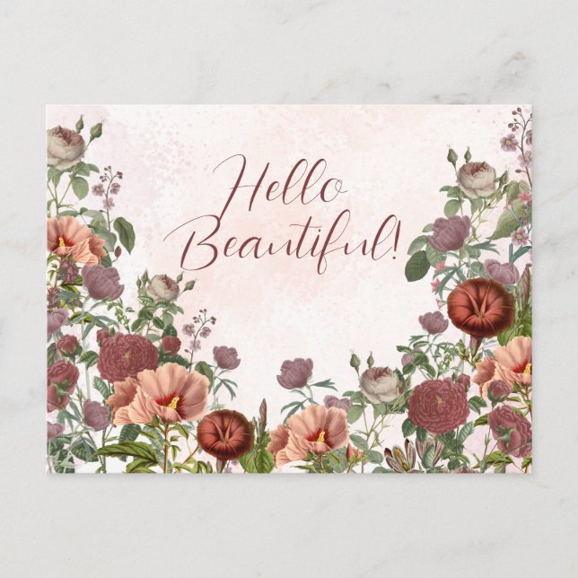 Hello Beautiful Floral Botanical Watercolor Boho Postcard (Front)