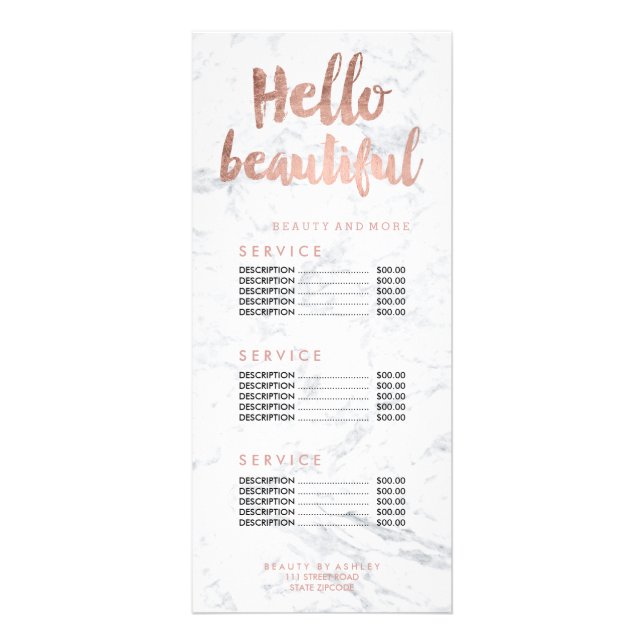 Hello beautiful gold typography marble price list rack card (Front)