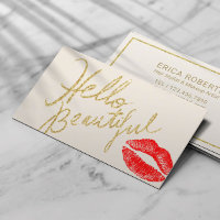Hello Beautiful Gold Typography Red Lips Print