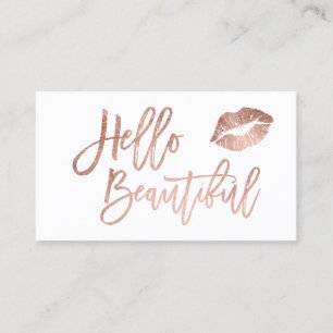Hello beautiful lips rose gold chic script white business card