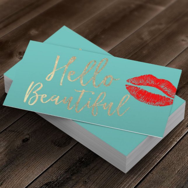 Hello Beautiful Makeup Artist Gold Typography Teal Business Card (Creator Uploaded)