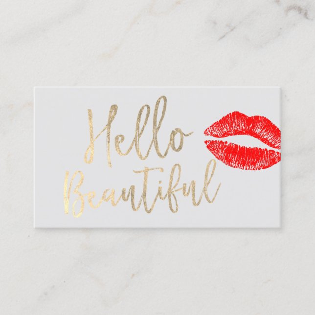 Hello Beautiful Makeup Artist Red Kiss Gold Script Business Card (Front)