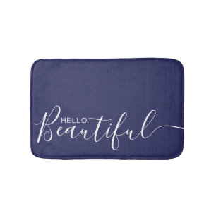 Hello Beautiful Navy Blue White Typography Modern  Bath Mat
