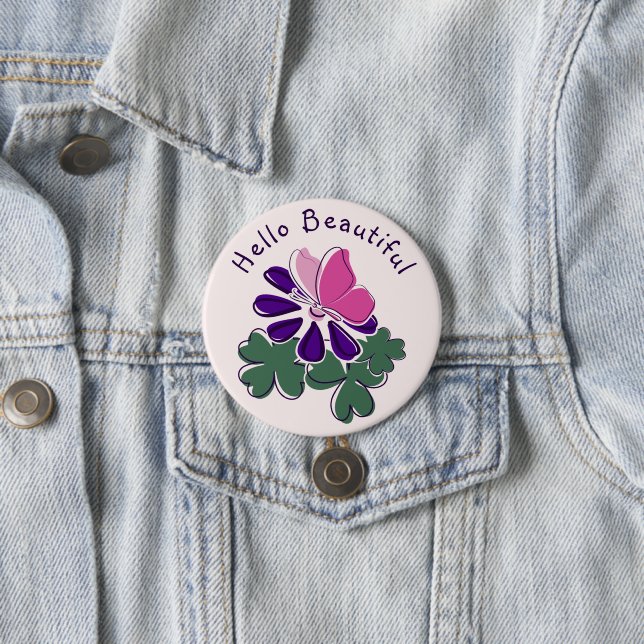 Hello Beautiful Pink Butterfly on Purple Flower 7.5 Cm Round Badge (In Situ)