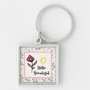 Hello Beautiful Pretty Pink Orange Wildlflower Key Ring