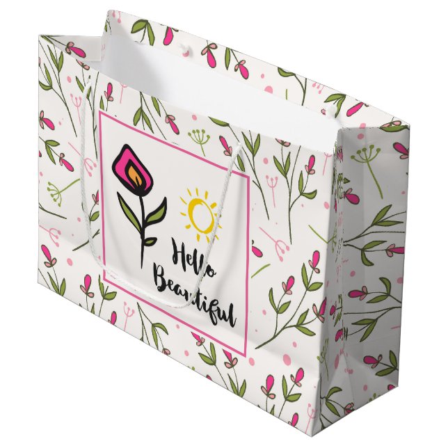 Hello Beautiful Pretty Pink Orange Wildlflower Large Gift Bag (Front Angled)