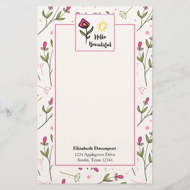Hello Beautiful Pretty Pink Orange Wildlflower Stationery (Front)