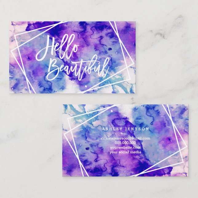 Hello beautiful purple watercolor geometric stripe business card (Front/Back)