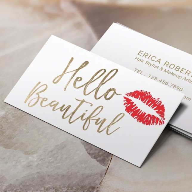 Hello Beautiful Red Lipstick Kiss Makeup Artist Business Card (Creator Uploaded)