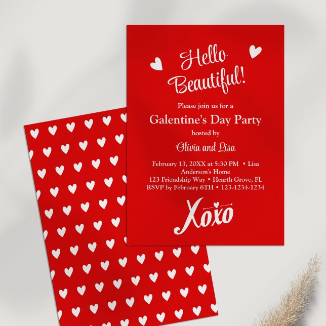 Hello Beautiful! Red XOXO Galentine's Day Party Invitation (Hello Beautiful! Red XOXO Galentine's Day Party Invitation on a white table.)