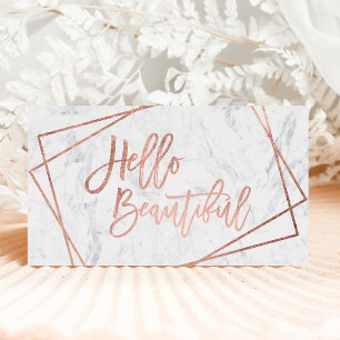 Hello beautiful rose gold script geometric marble business card