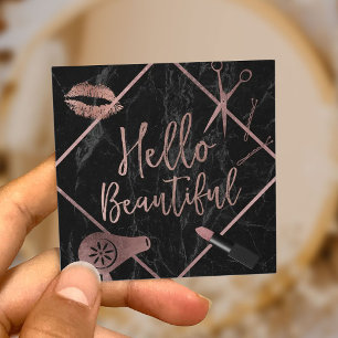 Hello Beautiful Rose Gold Typography Marble Salon Square Business Card