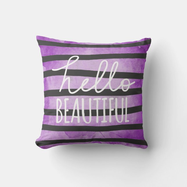 Hello Beautiful Script Purple Watercolor Stripes Cushion (Front)