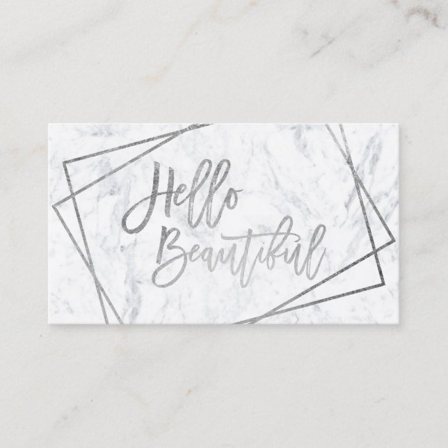 Hello beautiful silver script geometric marble business card (Front)