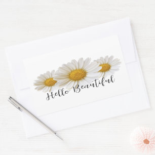 Hello Beautiful Three White Daisies Floral Rectangular Sticker