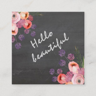 Hello beautiful typography chalkboard boho floral square business card