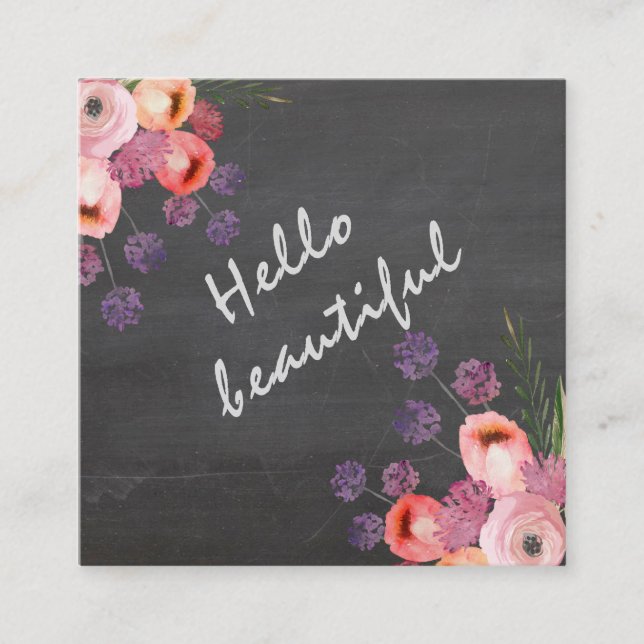 Hello beautiful typography chalkboard boho floral square business card (Front)