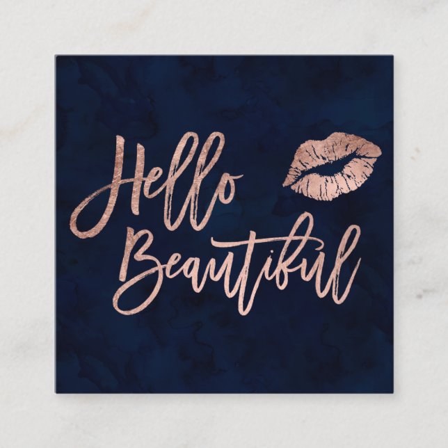 Hello beautiful typography rose gold kiss blue square business card (Front)