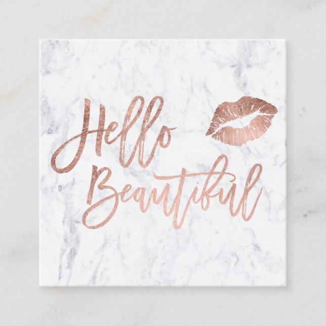 Hello beautiful typography rose gold kiss marble square business card (Front)