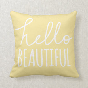 Hello Beautiful Typography Whimsical Girly Yellow Cushion
