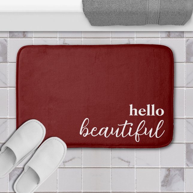 Hello Beautiful Typography White & Dark Red Bath Mat (dark red burgundy hello beautiful bathroom bathmat)
