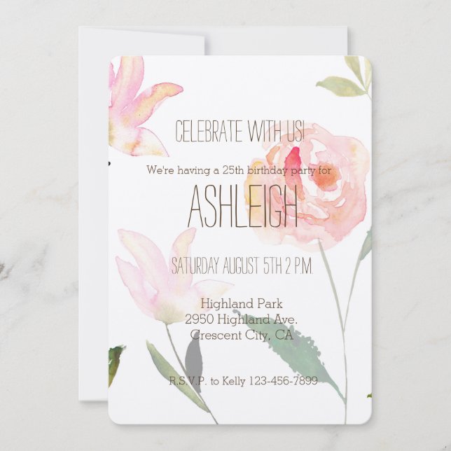 Hello Beautiful Watercolor Floral birthday Invitation (Front)