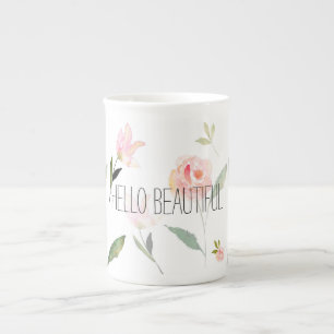 Hello Beautiful Watercolor Floral Bone China Mug