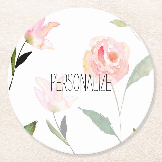 Hello Beautiful Watercolor Floral Round Paper Coaster (Front)