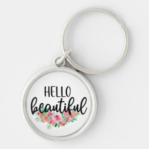 Hello Beautiful Watercolor Roses Typography Chic  Key Ring