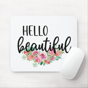 Hello Beautiful Watercolor Roses Typography chic Mouse Mat