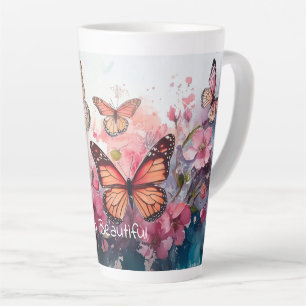 Hello Beautiful, with Butterflies and Flowers Latte Mug