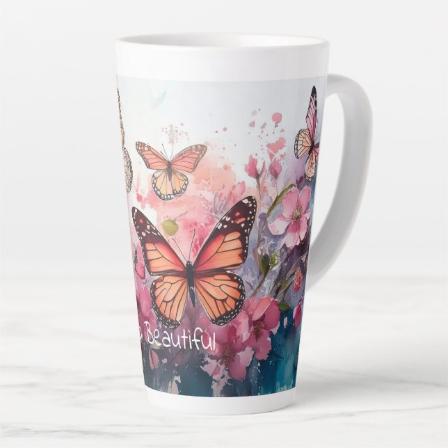 Hello Beautiful, with Butterflies and Flowers Latte Mug (Right Angle)