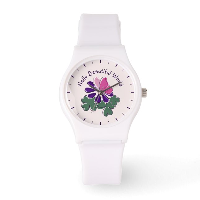 Hello Beautiful World Pink Butterfly Purple Flower Watch (Front)